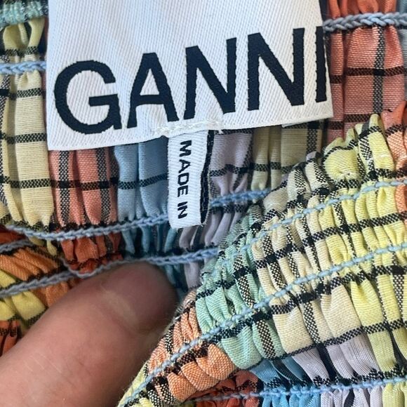 Ganni Windowpane Gingham Multi Striped Smocked Top Puff Sleeves Sz 36/US… - Picture 4 of 11